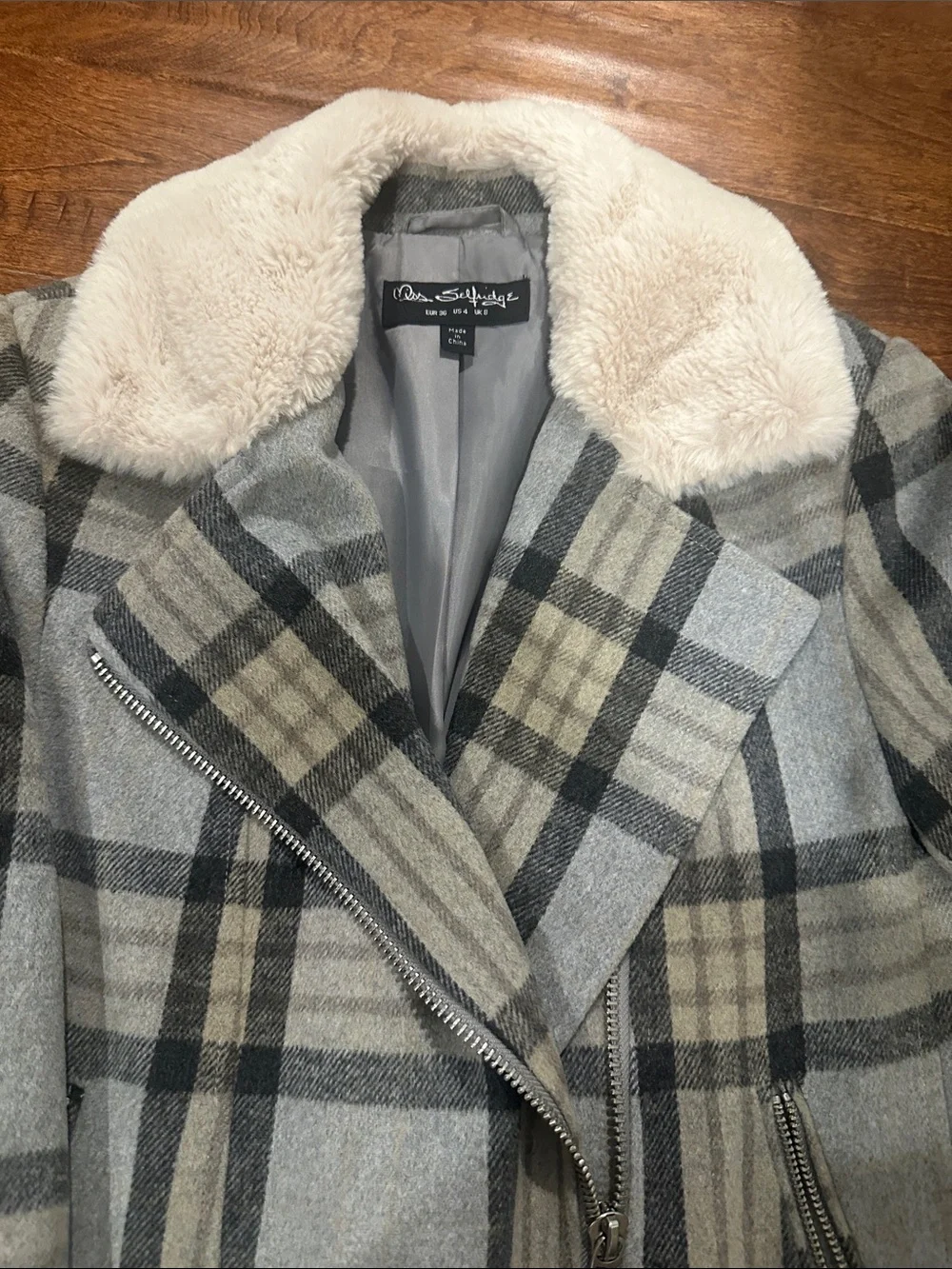 Miss Selfridge Gray Plaid Pea Coat with Cream Faux Fur Collar